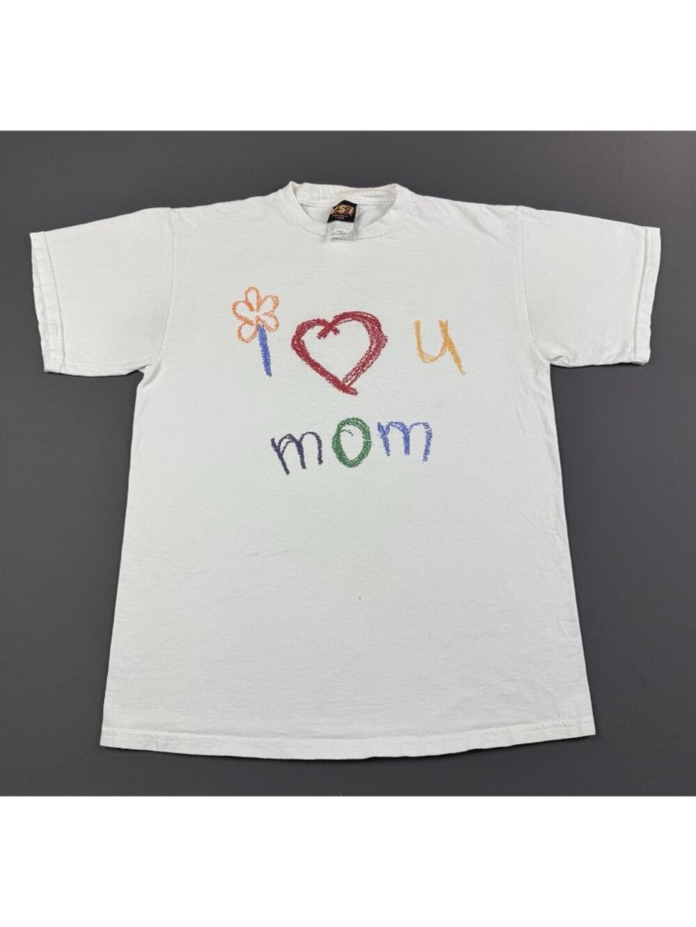 Rare Vintage 90s I Love You Mom Heart Crayon Style Drawing White Large Tee Promo